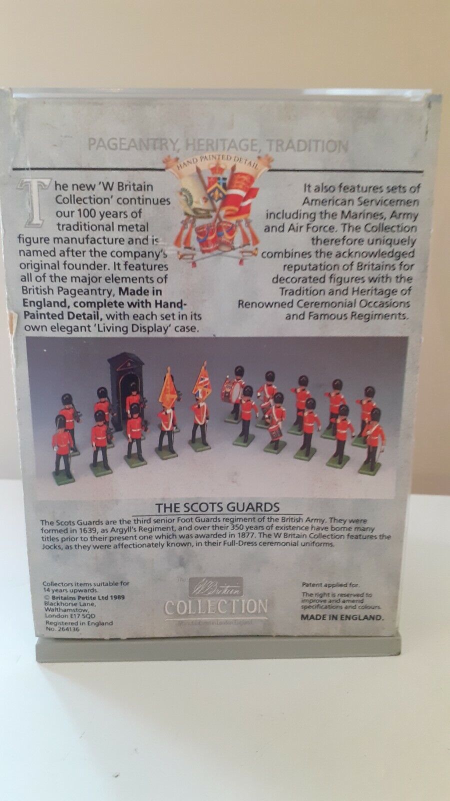Britains ceremonial Scots guards band 1989 perspex box walthamstow 1:32